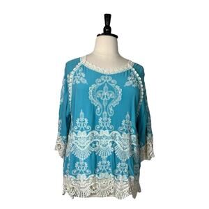 Democracy Top Lace Crochet Embroidery Bohemian Aqua Blue Cream Women’s Size XL